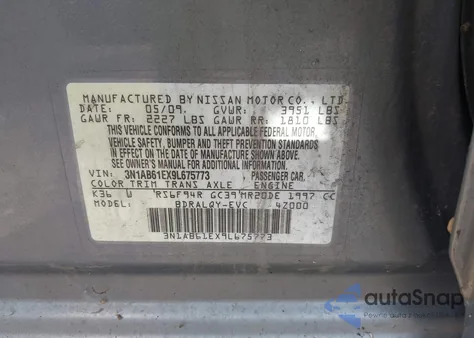 2009 Nissan Sentra 2.0 from USA, damaged, VIN 3N1AB61EX9L675773